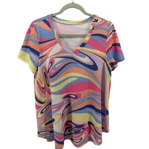 Women's Top Medium Psychedelic Swirl V-Neck Short Sleeve Top Pink Orange Art